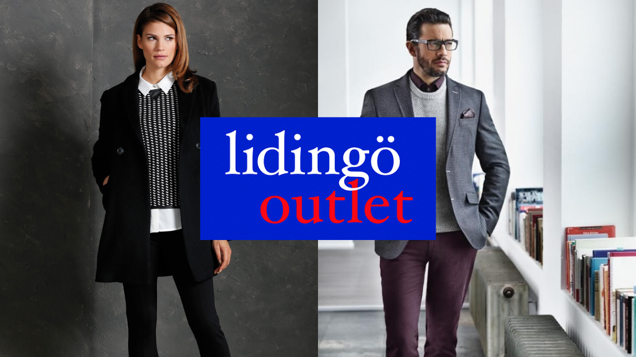 En man och en kvinna med kläder. Lidingö Outlets logga framför