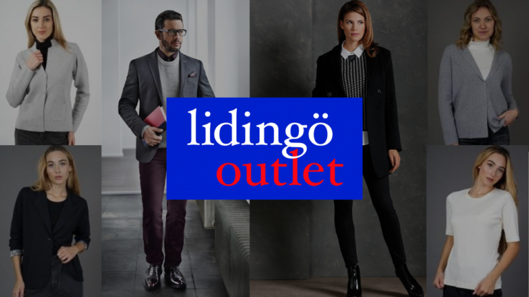 fem personer i olika kläder med Lidingö outlet's logga framför