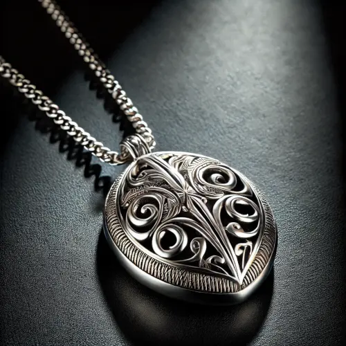 Handgjort silverhalsband med detaljer.