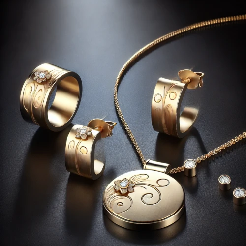 Set med matchande smycken i guld, bestående av ring och halsband